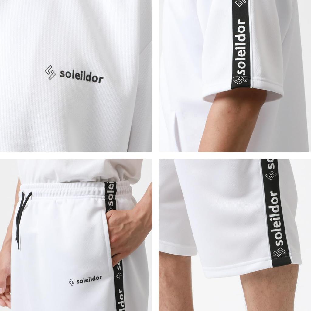 Soleildor Jersey Set with Side Logo Short Perfect for and Size L Men's Tape, Quick-Drying, Sleeves, Sports, Training, Loungewear, White,