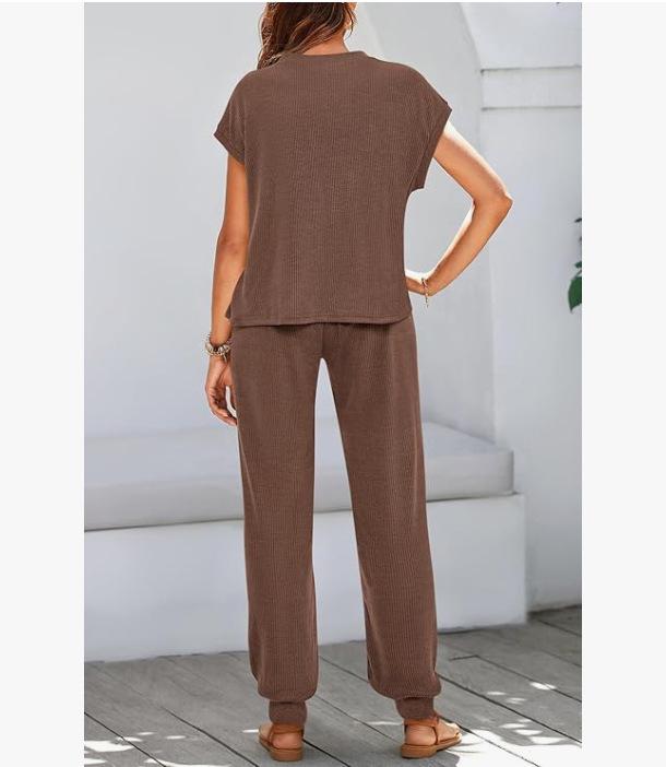 2026 Sommer Damen Zweiteiliges Gestreiftes Jogging-Set: Kurzarm-Oberteil & Lange Hose