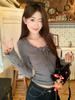 Chic Women's Winter Slim Fit V-Neck Gray Lace Trim T-Shirt