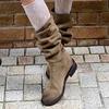 Sheepskin Version~ Retro Suede Round Head Thick Heel Stacking Boots Medium and High Boots Women Fold Two Wear Western Cowboy Boots