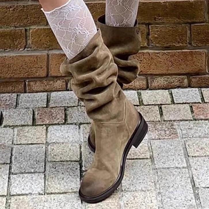 Sheepskin Version~ Retro Suede Round Head Thick Heel Stacking Boots Medium and High Boots Women Fold Two Wear Western Cowboy Boots