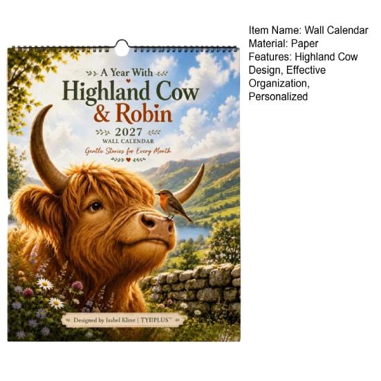 Holiday Gift for Her 2027 Highland Cow Wall Calendar, A4 Hanging Monthly Planner Home Personalized Lovers Office, Scottish Cattle Decorative Schedule