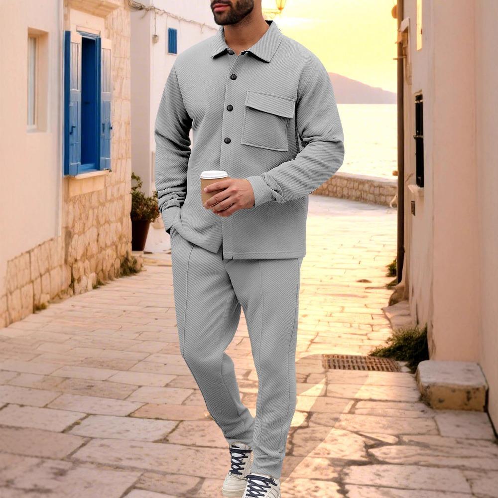 Men's Slim Fit Cardigan Jacket Single-breasted Pocket Long Sleeved Sportswear Elegant Two-Piece Set with Long Pants