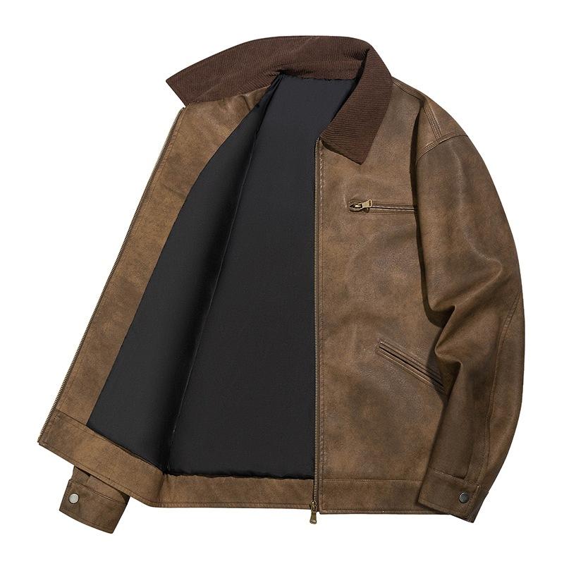 American retro new men's leather jacket pu tooling style old money style couple casual locomotive leather jacket jacket
