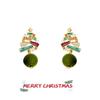 Hand-Painted Christmas Tree Zircon Flocking Pompon Earrings - 925 Silver Needle