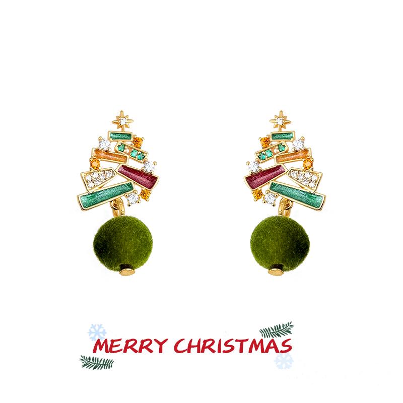 Hand-Painted Christmas Tree Zircon Flocking Pompon Earrings - 925 Silver Needle