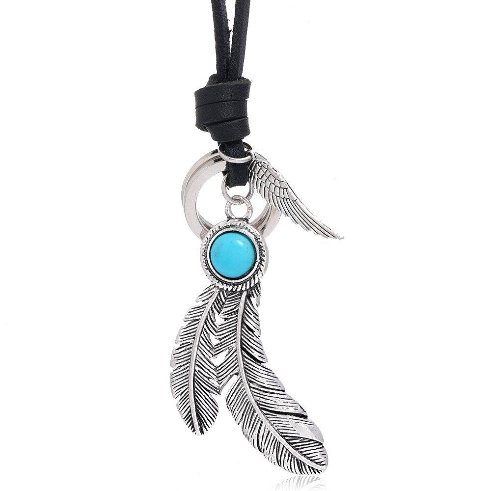 Vintage Black Leather Necklace Stylish Feather Pendant Fashionable Rope Chain for Weddings Parties Anniversaries for Gifts fashion синий