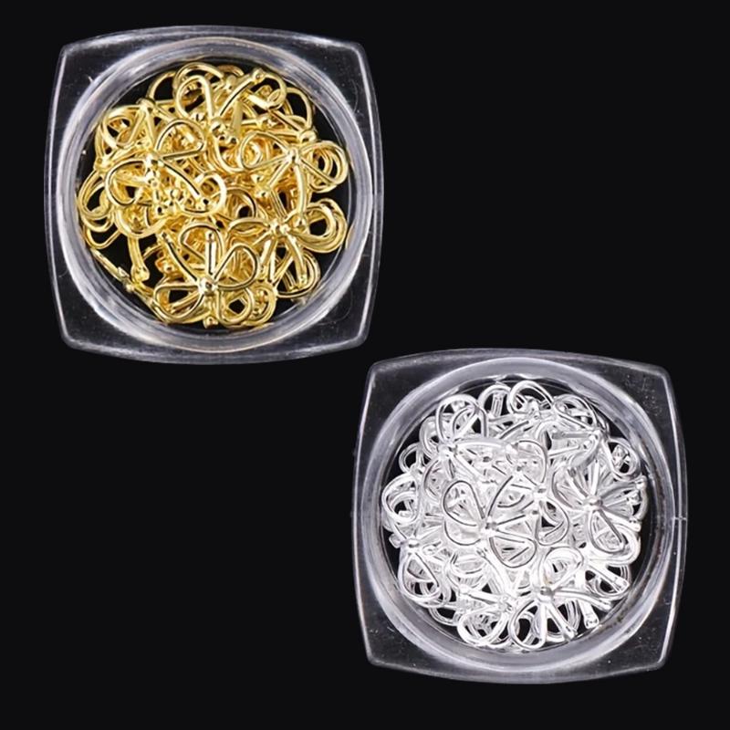 30 Pcs/Box 3D Exquisite Metal Ties Nail Art Charms Minimalist Gold Silver Ribbon Line Bows Wings Mixed Nail Decorations Diy Nail