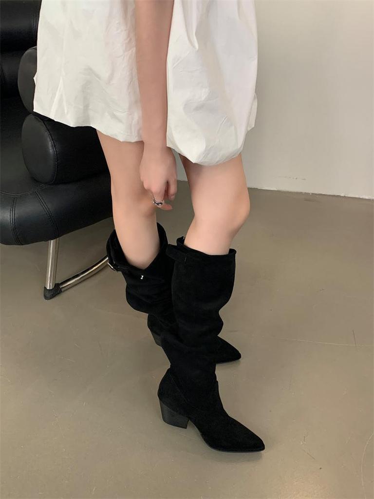 Stivali da Cavaliere Sottili con Tacco Alto Song Xixi 2025 Europei e Americani - Gambale Extra Largo, Tacco Chunky, Punta Sottile