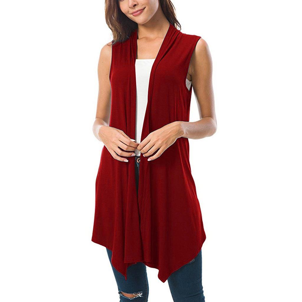 Ärmellose, drapierte, vorne offene Cardigan-Weste für Damen mit asymmetrischem Saum, Blusen-Tops