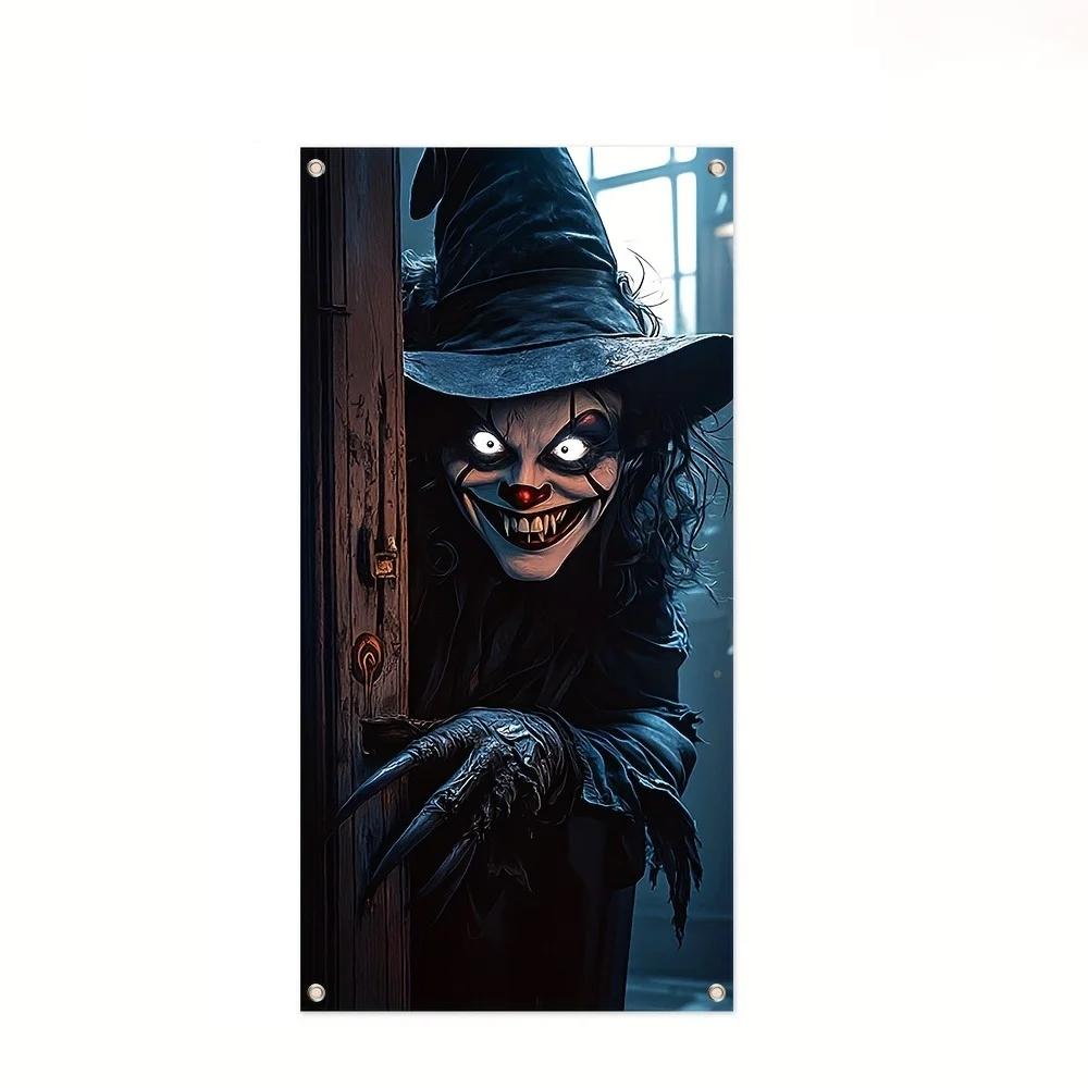 Halloween Horror Door Banner Long Haired Skeleton Ghost Haunted House Entrance Decor Spooky Theme Party Courtyard Ornament