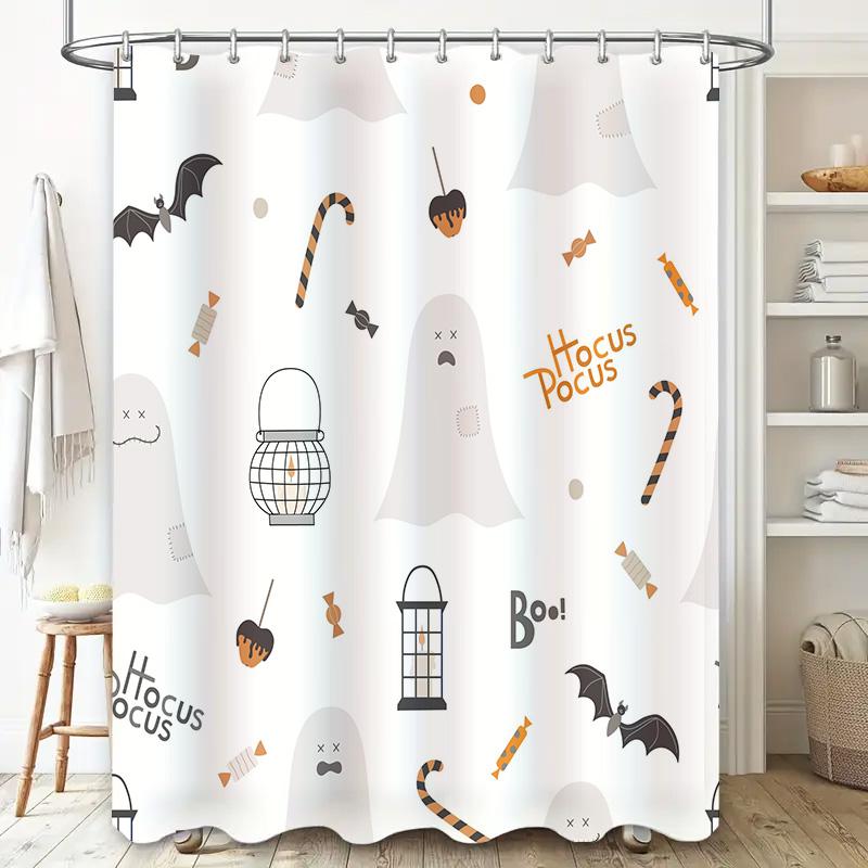 Halloween-themed shower curtain with cute ghost designs, perfect for a spooky bathroom makeover Decorate your home this Hallowe