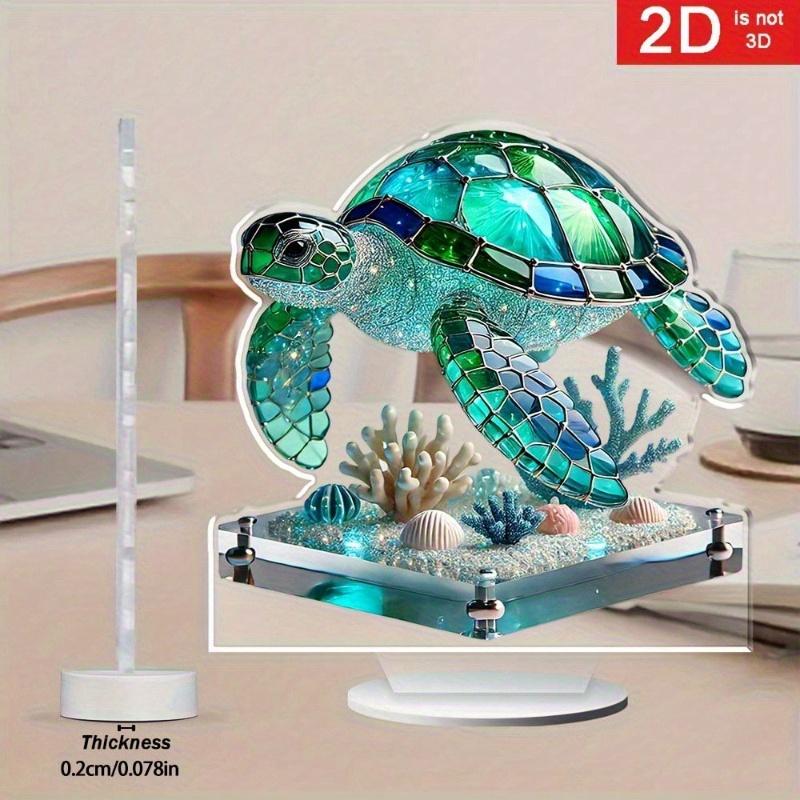 2D Flat Acrylic Sea Turtle Desktop Decor - Mosaic Glass Style with Shells, Coral and Marine Life Themes, Suitable for Coastal Home