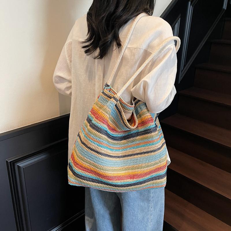 Seaside Vacation Straw Woven Bag Women's Large Capacity Rainbow Tote Bag Travel Commuter Shoulder Bag