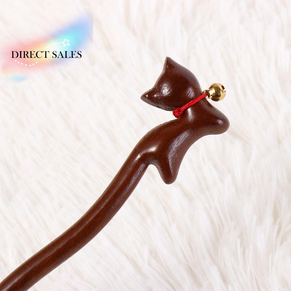 Holz-Katzenhaar-Stab mit Glöckchen Koreanischer Stil Chinesischer Hanfu-Stil Haarspange Haarnadeln Haargabel Cartoon-Tier-Haarnadel Damen/Mädchen