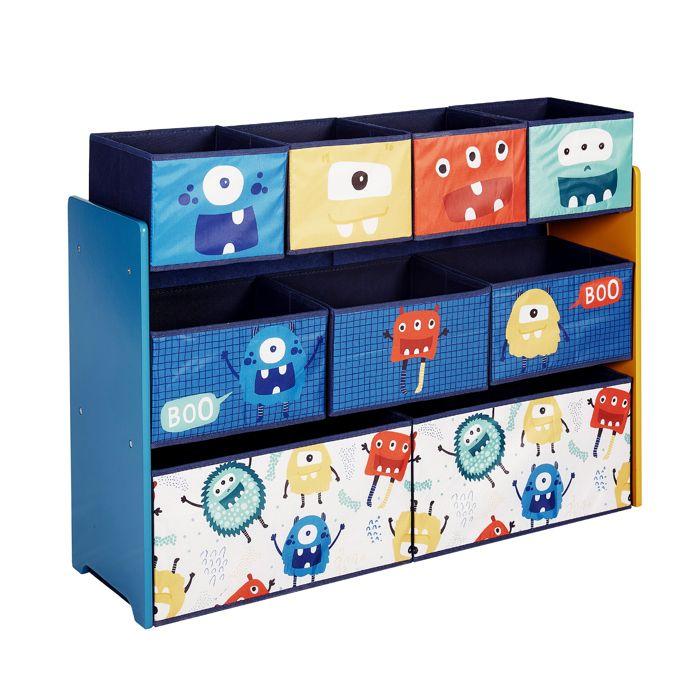 GINGER HOME – Organiseur jouets enfant 9 bacs tissu (2G,3M,4P), MDF/acier, motif MONSTER, 92×30×60 cm