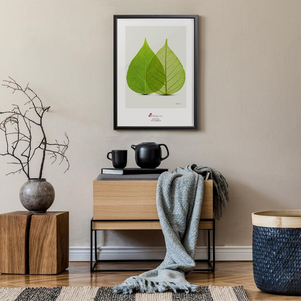 Mitchy Art Leaf Hugging A3 Canvas Panel Painting Black Frame 32x43cm Interior