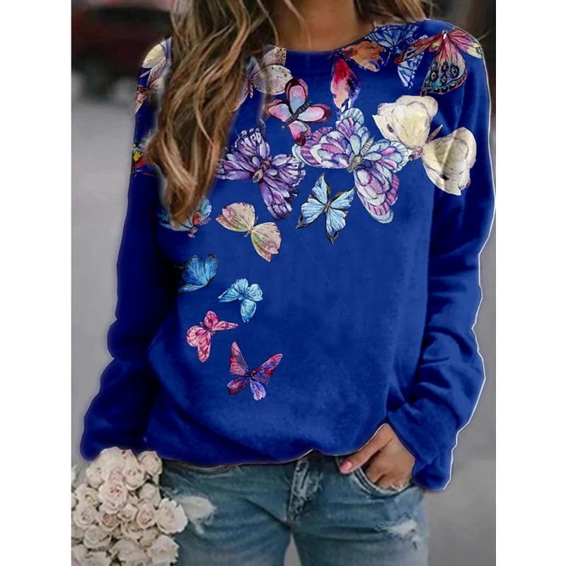 YYFS Women's Fashion Casual Spring Autumn Flower Pattern Print Long Sleeve O-Neck Blouses & Shirts