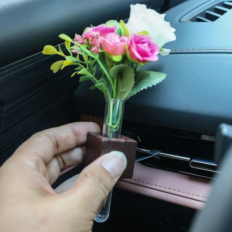 Stable Mini Car Flower Vase Clip Elegant Adjustable Car Vent Flower Vase Walnut and Glass Creative Auto Vent Decor Dashboard