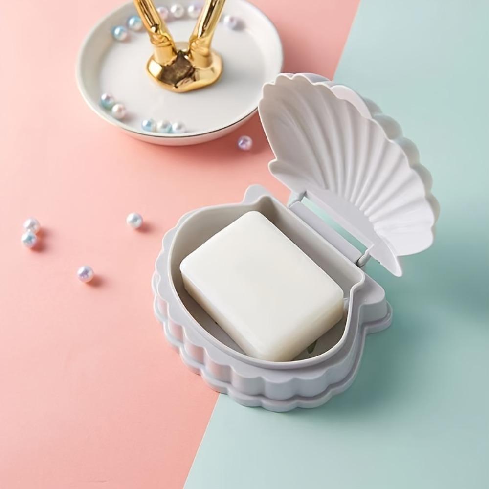 1pc Shell-Shaped Soap Box with Flip Lid, Cute Seashell Design, Drainage Holes & Snap-Fit Cover, Decorative Bathroom Organizer