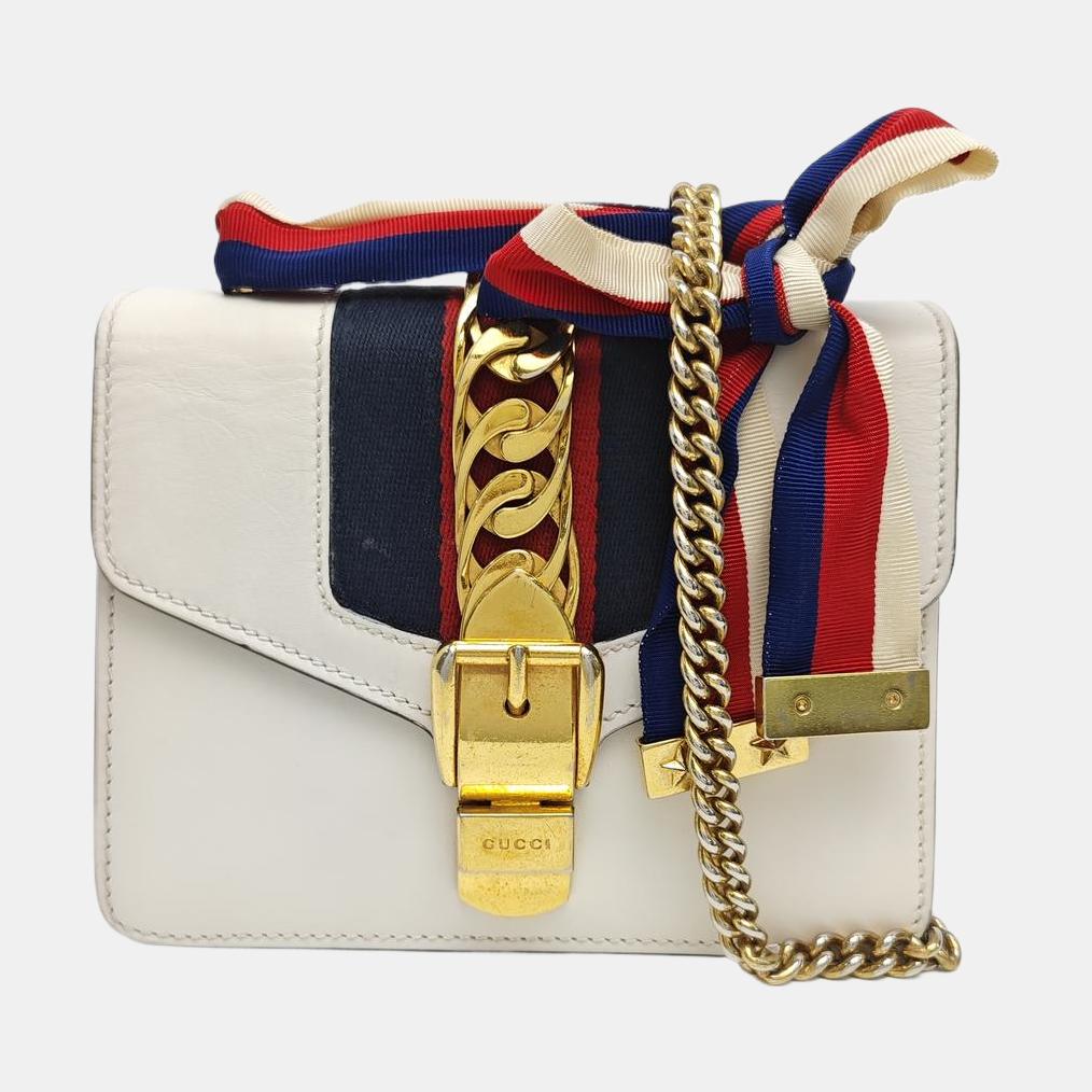 [Pre-Owned] Sylvie Gold Buckle Striped Web Satin Bow Chain Mini Shoulder Bag - Good #VLCRXY