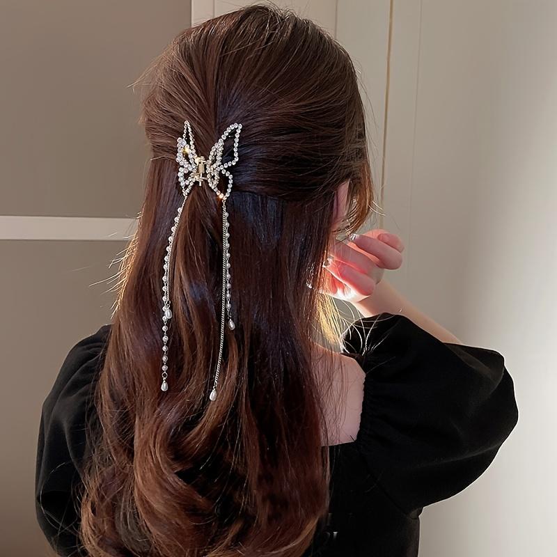 5.5cm Rhinestone Hollow Butterfly Pearl Tassel Hair Grab