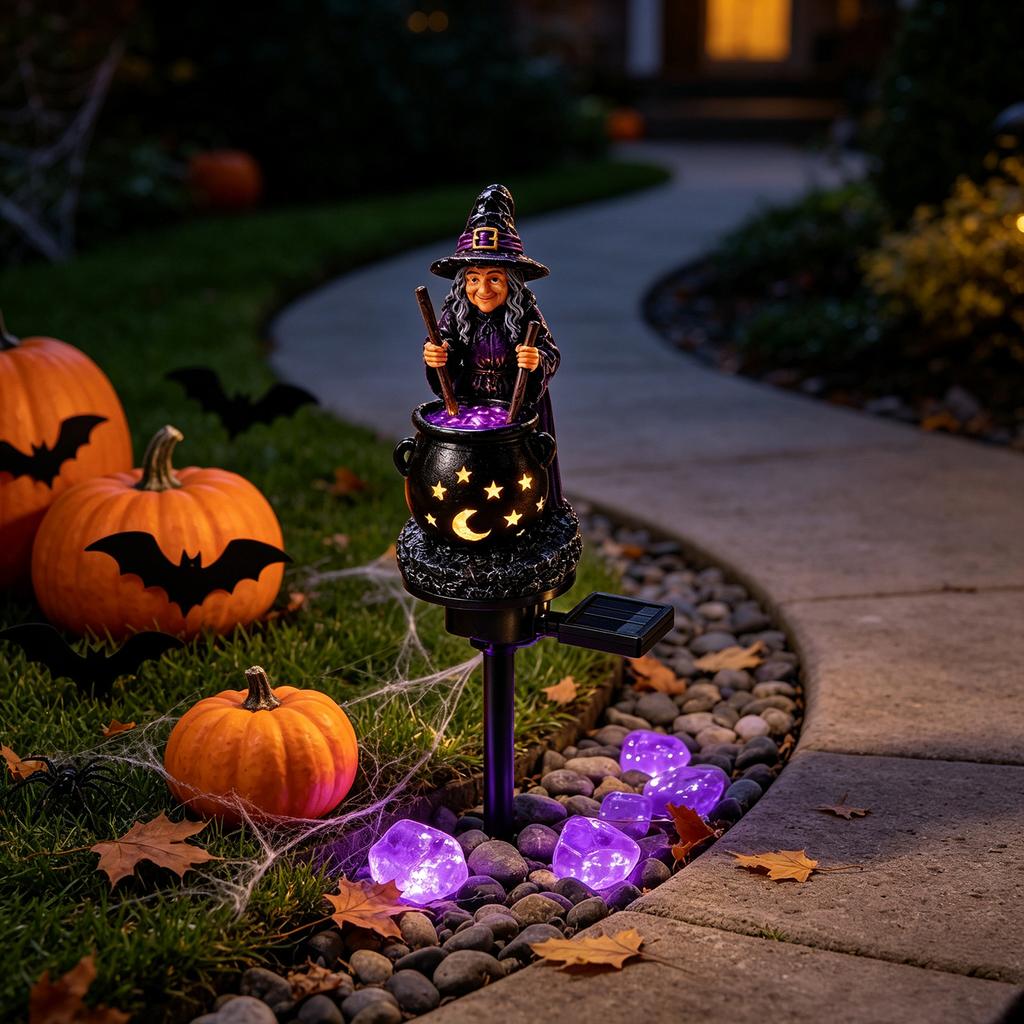 Dark Atmosphere Night Light Solar Witch Statue with Glowing Cauldron, Outdoor Halloween Garden Light, Party Decorations Resin Decorative Figurine