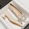 Elegante Damen-Pumps mit mittigem Blockabsatz in Schwarz mit Kristall-Strasssteinen, spitzer Zehenpartie, Kleiderschuhe