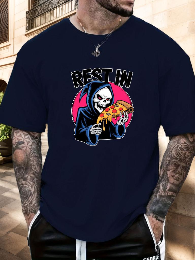 Mens Casual Tshirt Grim Reaper Pizza REST IN Print Short Sleeve Round Neck Breathable Oversized Daily Wear Tee