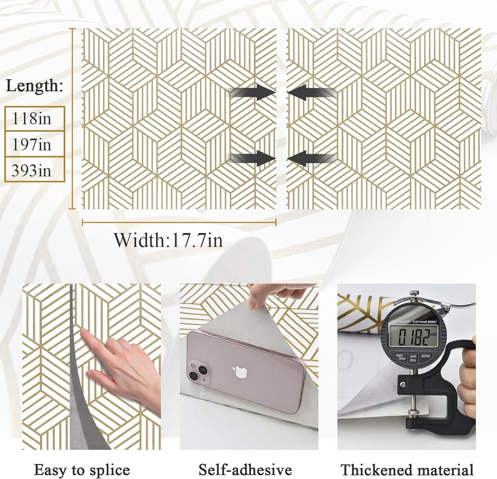 Geometric Wallpaper Peel and Stick Wallpaper Hexagon Removable Self Adhesive Gold Stripes Contact Paper Vinyl Film Decor Shelf