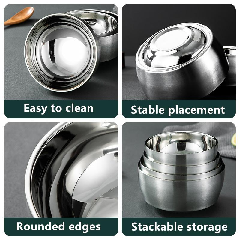 Stainless Steel Double Layers Thickened Bowls Anti-scalding Thermal Insulation Rice Bowl Food Container Kitchen Metal Tableware