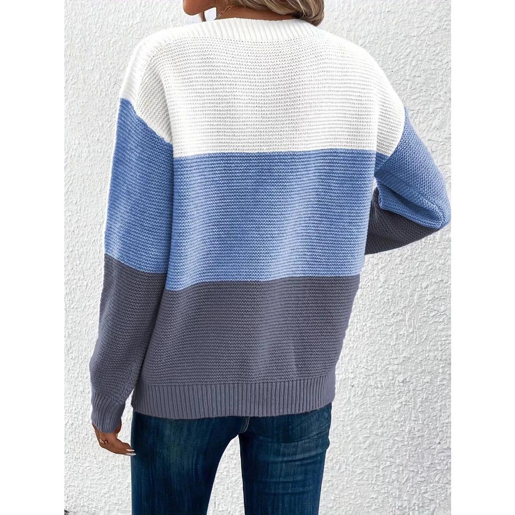 Autumn and Winter Knitted Sweater Women's Contrasting Color Spliced Round Neck Long Sleeved Pullover Top