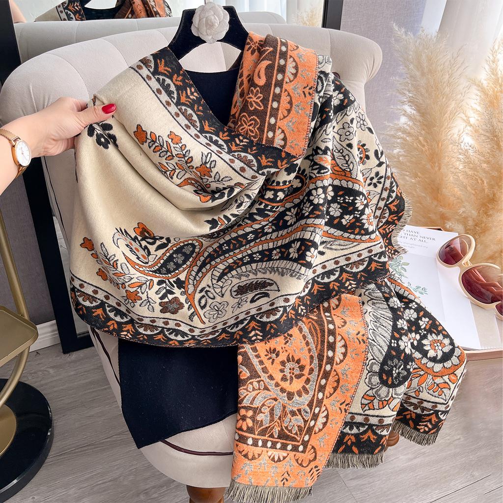 New Women's Faux Cashmere Double-Sided Print Scarf Soft Cozy Pashmina Shawl Autumn Winter Cold-Resistant Windproof Blanket
