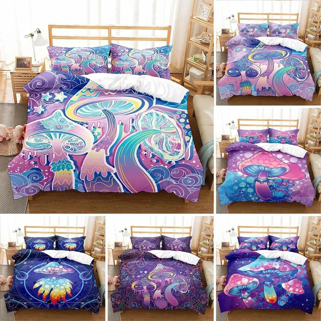 TOP New Colorful Mushroom Duvet Cover Microfiber Mandala Pattern Bedding Set Bohemian Magic Mushroom Quilt Cover