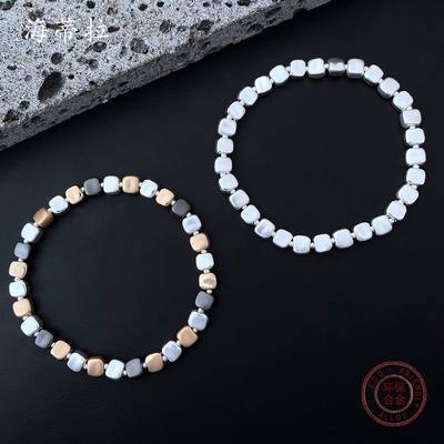 Small Square Grain Three-color Splicing Alloy Bracelet, Electroplated Bright Silver Dumb Silver Men's and Women's Simple Elastic Bracelet