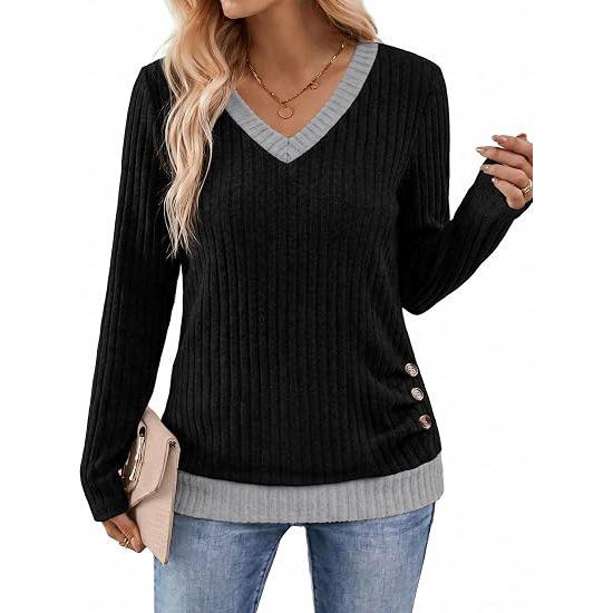 TIFICY Women's Fashion Casual Spring Autumn Solid Color Print Long Sleeve V-Neck Blouses & Shirts