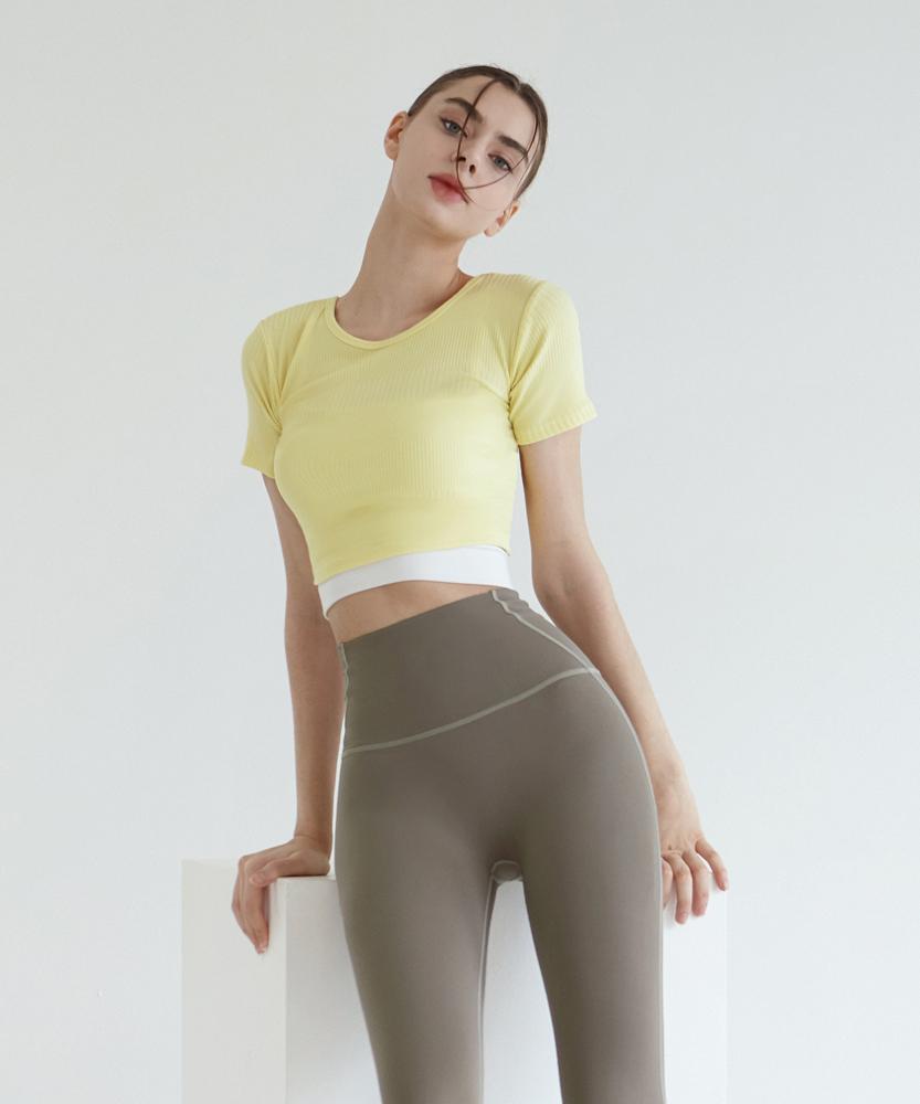 Debiweeo Women'S Yoga Wear Devi-T0072-Cream Lemon Pilates Twing Ribbed Short Sleeve