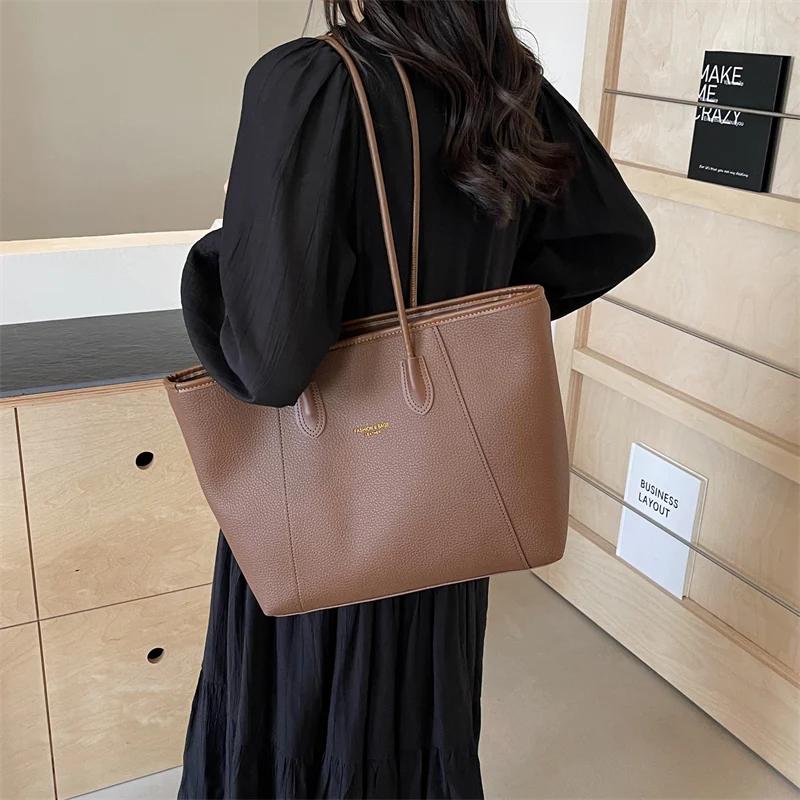 Classic Solid Color PU Shoulder Casual Large Capacity Tote New Fashion Feminine Retro Simple Shoulder Bag