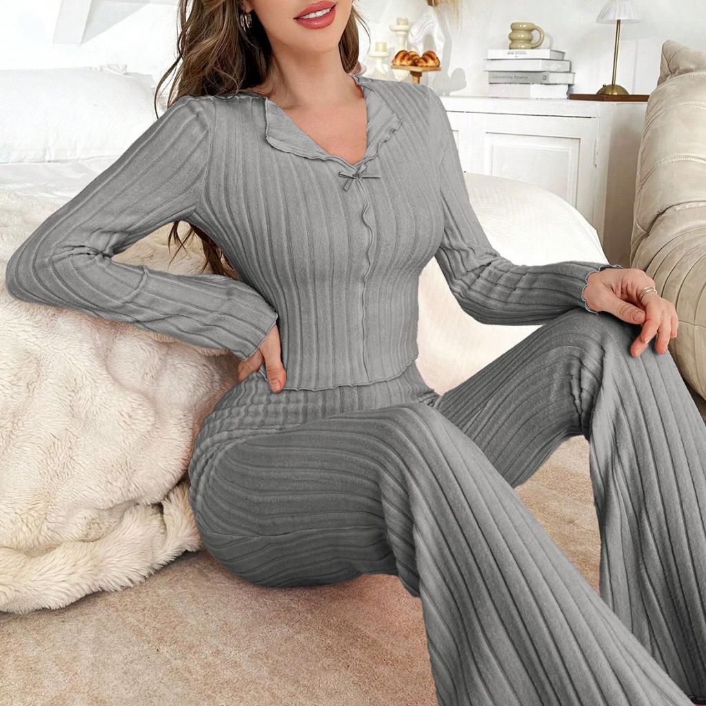 Women's Thickened Pajama Set Winter Long Sleeve Long Pants with Bow Tie Lapel Collar Home Loungewear Sleepwear