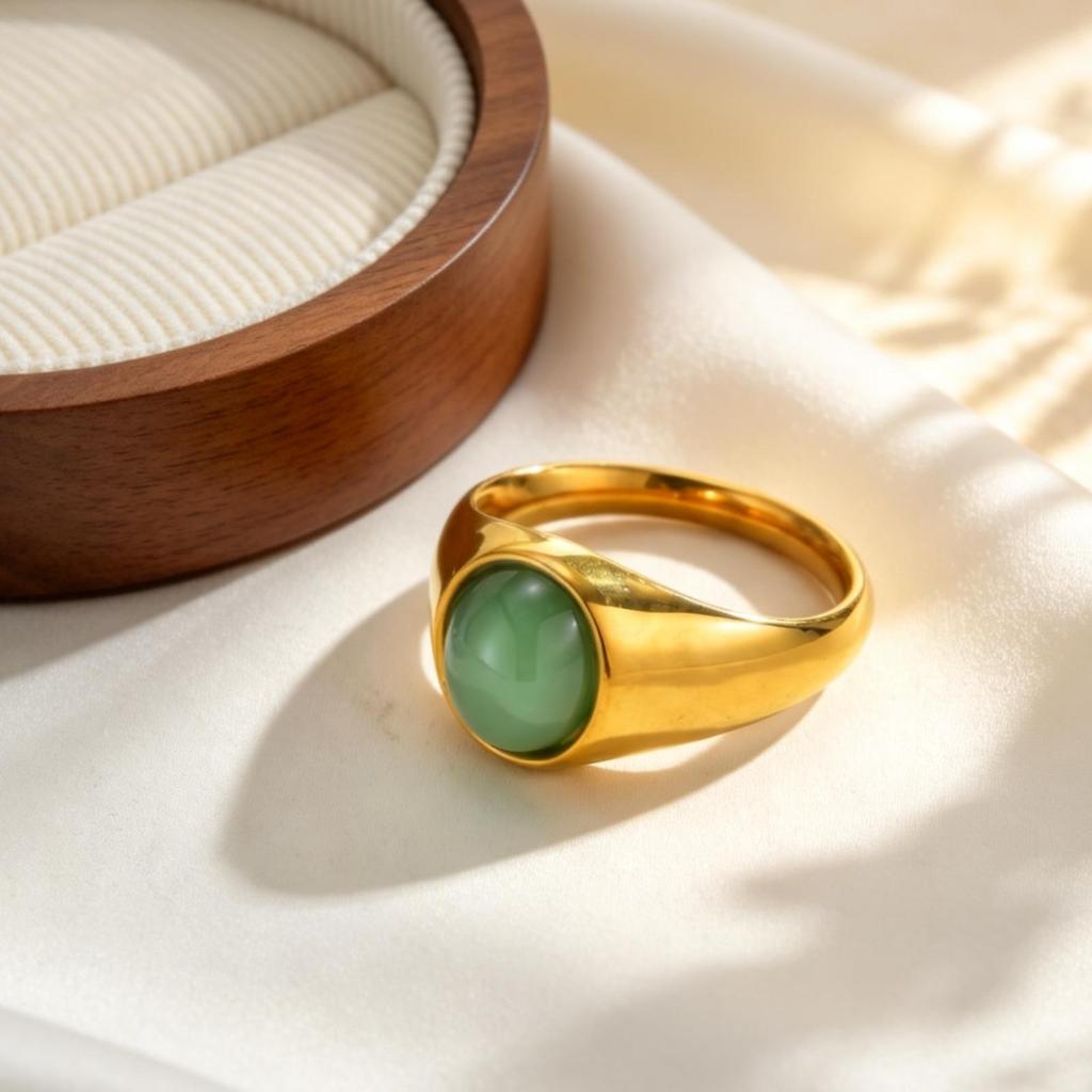 Stainless Steel Oval Natural Aventurine Ring for Women 18k Gold Plated Finger Rings Trendy Jewelry Gift
