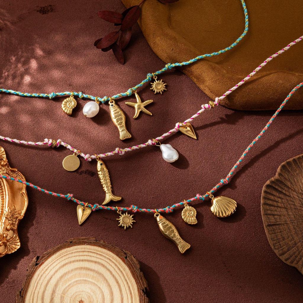 Colorful Rope Pendant Necklace: Butterfly, Turtle, Starfish, Elephant, & Shell Charms with Pearls & Chili Accents - Summer DIY Collection