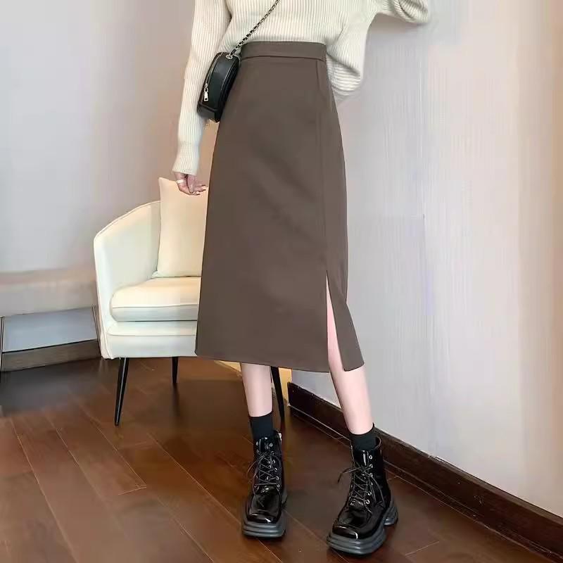 

145 Petite High-Waisted Black A-Line Slit Midi Skirt - Look Taller and Slimmer, XS L кофейный