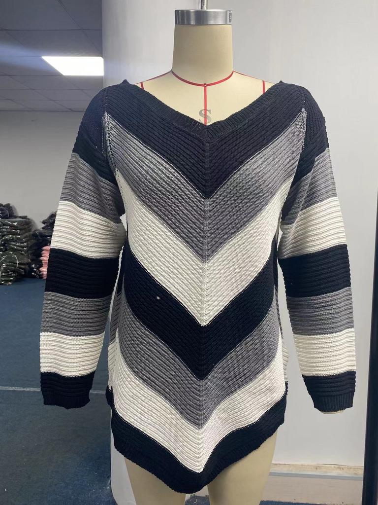 Frauen Mode Lässig Sexy Langarm Streifen Farbe Off Schulter Pullover Lose Zopfmuster Pullover Tops