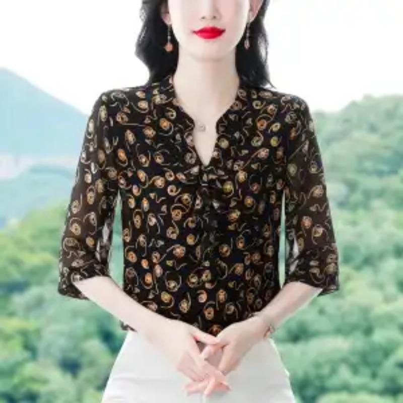 Summer Breathable Chiffon Top Women s V Neck Ruffle Trim Printed Blouse M чёрный