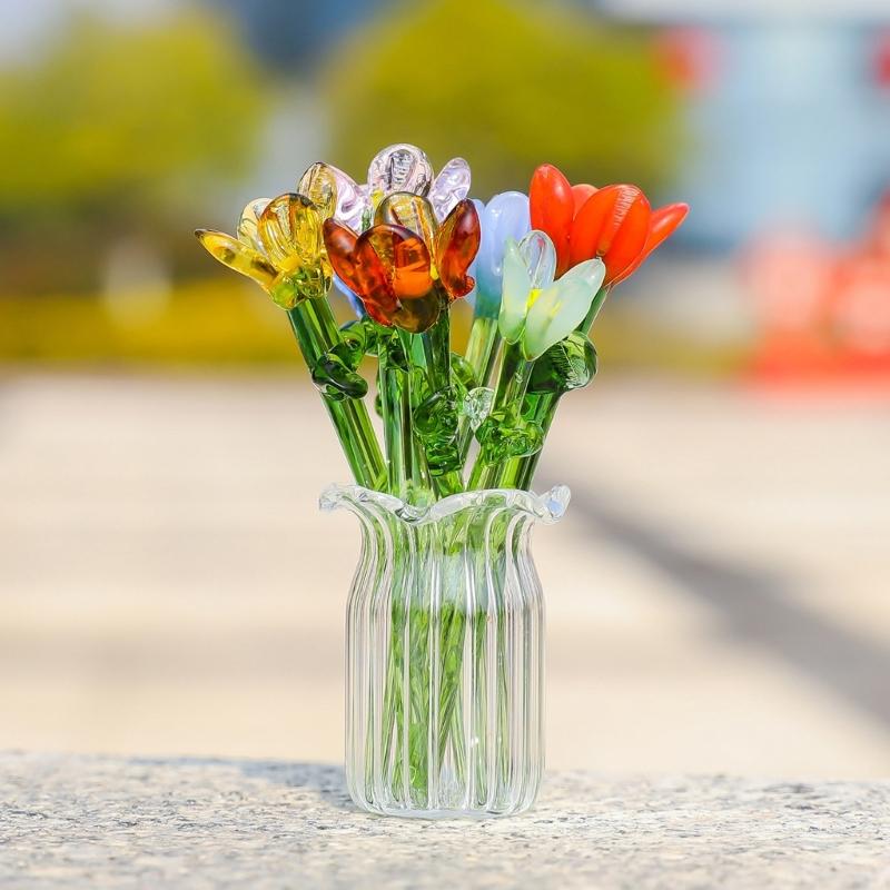 Elegante Ramo de Flores de Cristal Decoraciones de Mesa Perfectas Para Hogar Oficina y Regalo Con 7 Flores Realistas