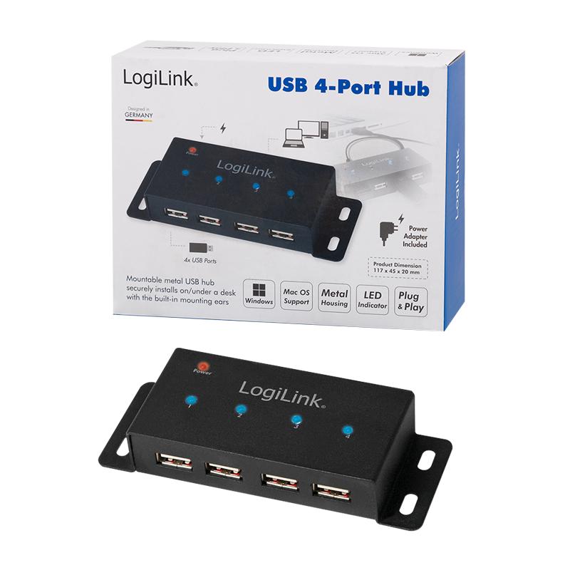 LogiLink 4-port LED metal USB 2.0 hub with 5V/2A 480 Mb/s power supply