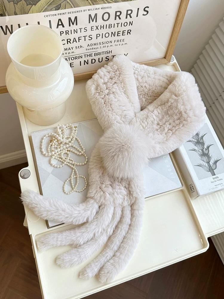 Rex Rabbit Fur Scarf Women s Winter New Tassel Ball Double-sided Warm Scarf Real Fur Collar