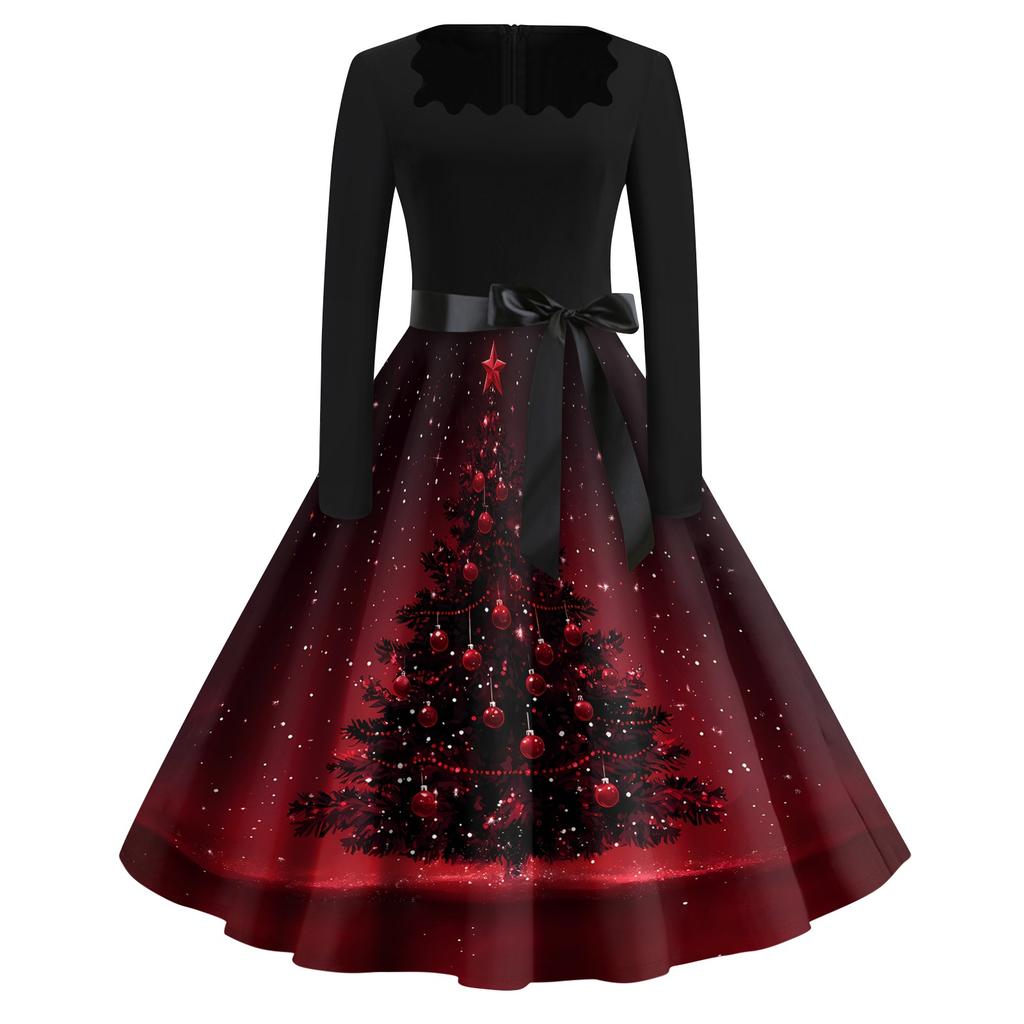 Women's Casual Christmas Print Square Neck Vintage Dress for Holiday Party and Everyday Wear