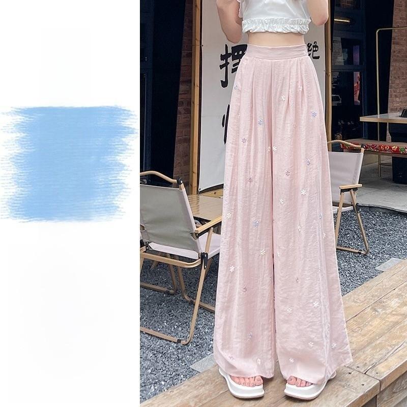 Womens Linen Wide Leg Pants With Embroidery For Summer Casual Wear