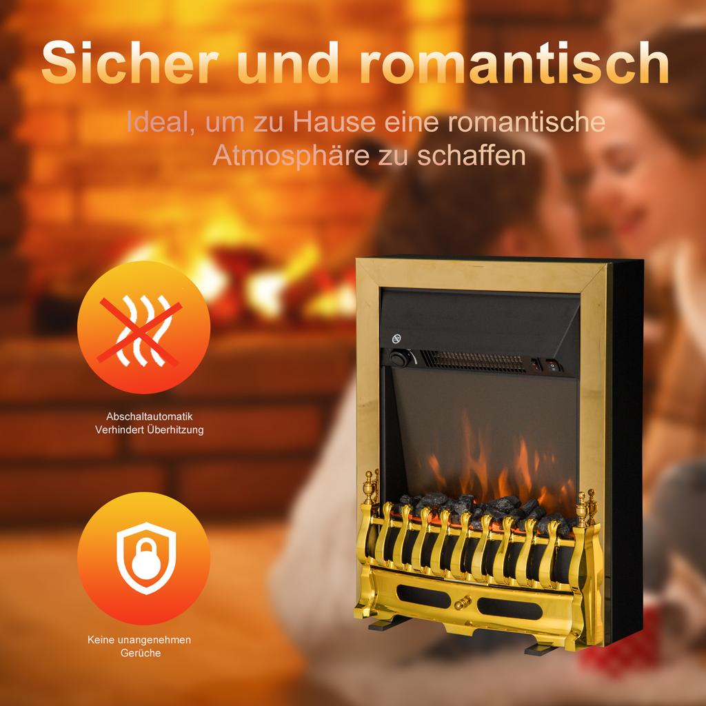 Camino Elettrico con Riscaldamento, Camino Elettrico con Effetto Fiamma a LED, Camino Decorativo 1000/2000W, Stufa da Incasso Elettrica, Oro